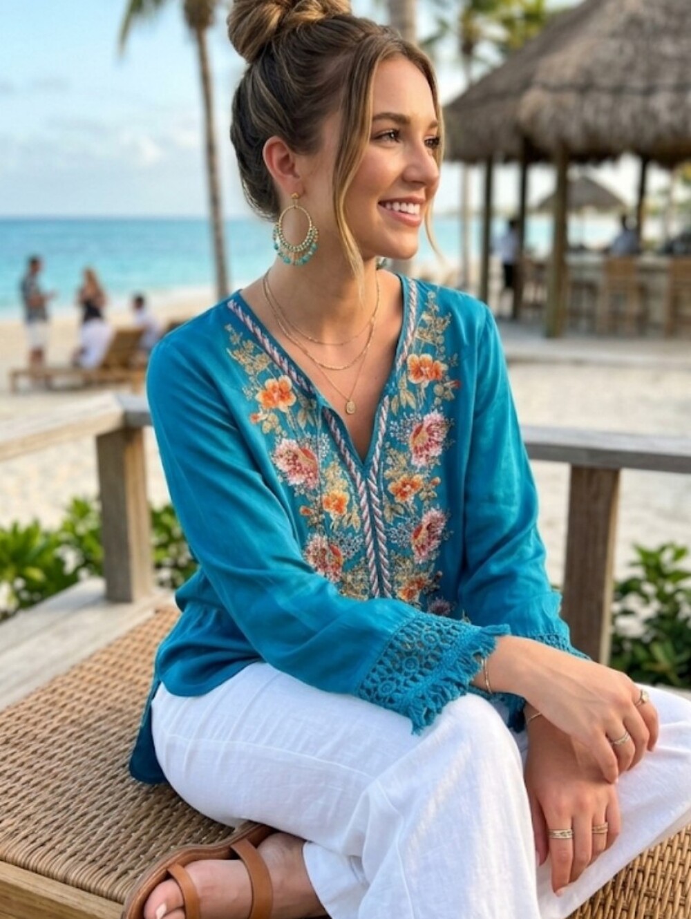 AS IS! Sundance Embroidered Bohemian Silk Blouse in Teal Blue (PXL)